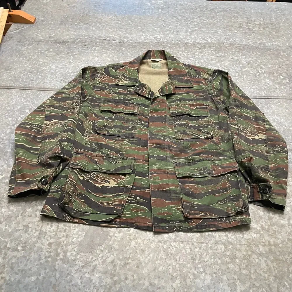 Vintage Cabela's Tiger Stripe Camo Combat Coat Large Military Field Jacket USA